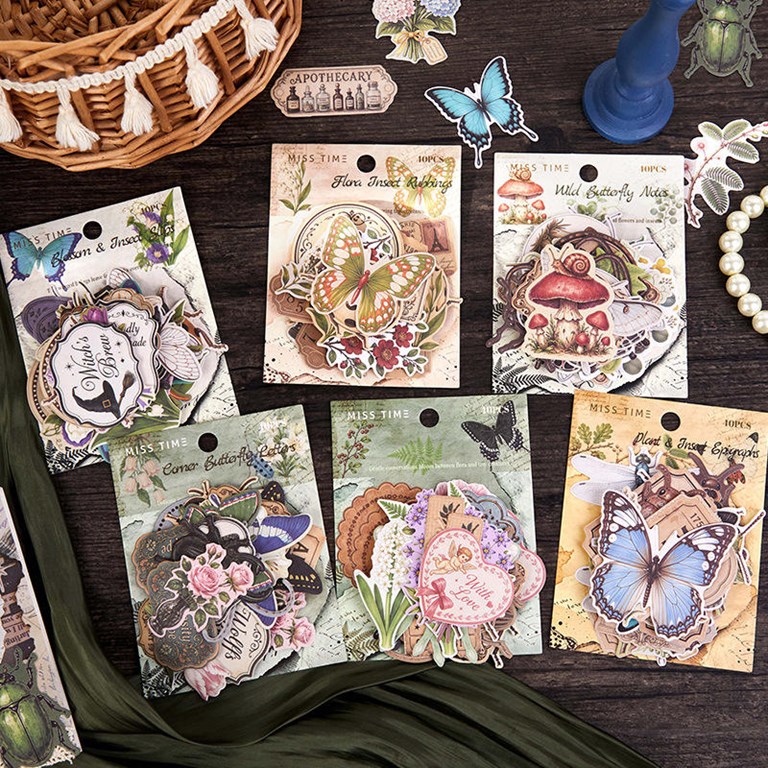 Paket med stickers - Vintage - insekter, växter & etiketter - 6st förpackningar