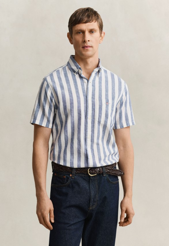 REG COTTON LINEN STRIPE SS SHIRT
