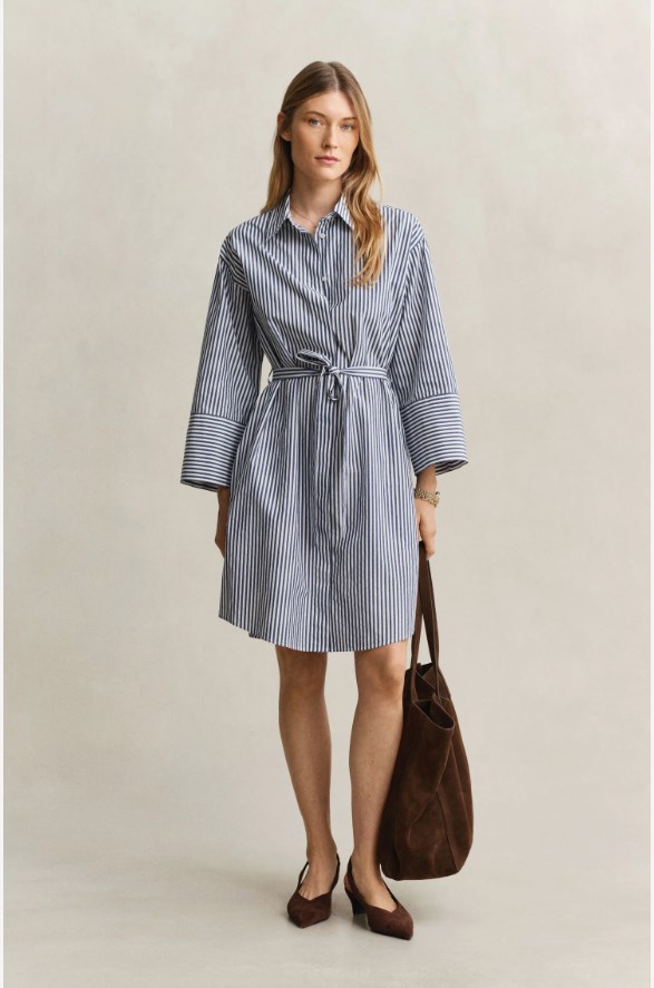 STRIPE POPLIN BELTED SHIRT DRESS