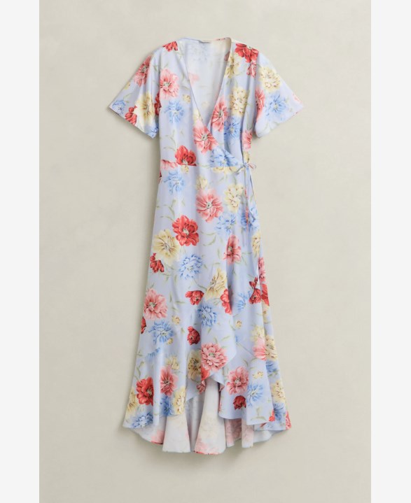 FLORAL PRINT WRAP SS FRILL DRESS