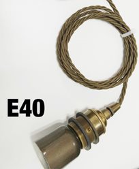 Messinglampe med 2m flettet brun tekstilledning og E40 sokkel
