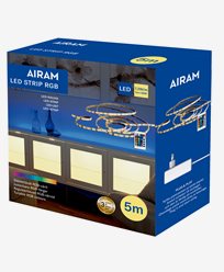AIRAM Dekorer hjemmet ditt med forskjellige farger ved hjelp av RGB LED-lysstrips. Endre lysfargen og forandre hjemmets atmosfære enkelt med den medfølgende fjernkontrollen. Fremhev detaljer på en elegant måte, skap indirekte belysning og endre fargen på lyset