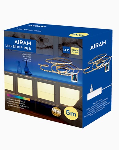 AIRAM Dekorer hjemmet ditt med forskjellige farger ved hjelp av RGB LED-lysstrips. Endre lysfargen og forandre hjemmets atmosfære enkelt med den medfølgende fjernkontrollen. Fremhev detaljer på en elegant måte, skap indirekte belysning og endre fargen på lyset