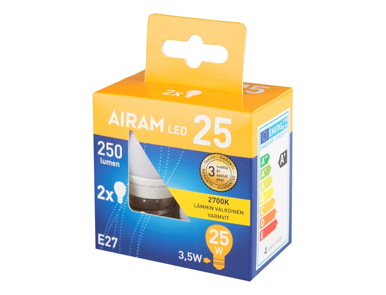 Airam 3 (25W) 250Lm 2700K E27 Klot Opal 2-Pack 8293357 4713410