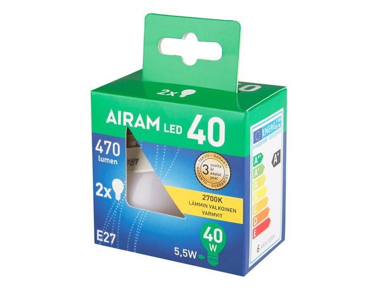 Airam 4,9W (40W) 470Lm 2700K E27 Klot Opal 2-Pack 8293358  4713411