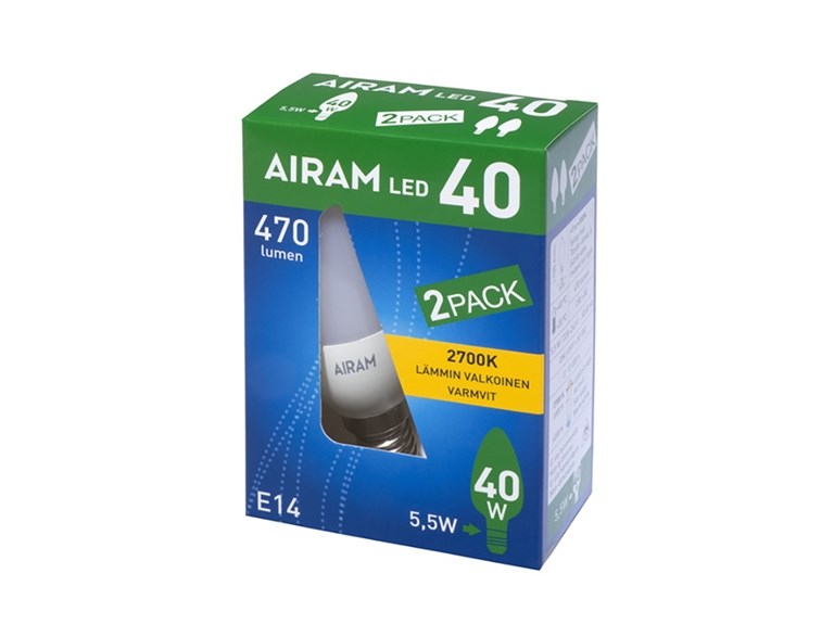 Airam 4,9W (40W) 470Lm 2700K E14 Kron Opal 2-Pack 8293360 4711779