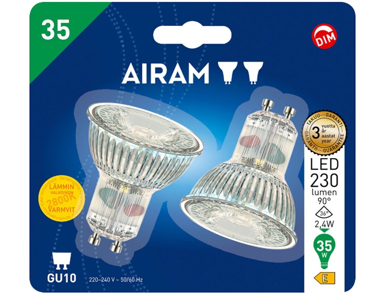 Airam 2,4W (35W) 230Lm  2800K Gu10 Dimbar 2-Pack 8291746 4711553