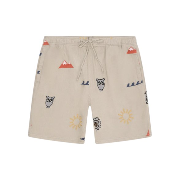 KnowledgeCotton Apparel Fig Loose Embroidery Shorts Light Feather Print