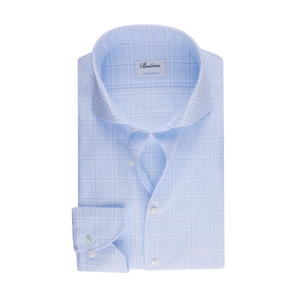 Stenströms Checked Stretch Shirt Fitted Body Light Blue