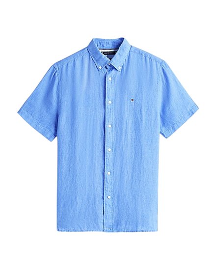 Tommy Hilfiger Dyed Linen Shirt Short Sleeve Blue Spell