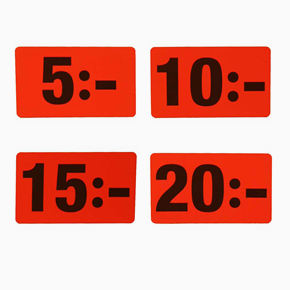 Infoetikett, valörer fr 5:- röd, 32x51 mm
