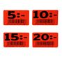 Infoetikett, valör, fr 5:- röd, streckkod32x51 mm