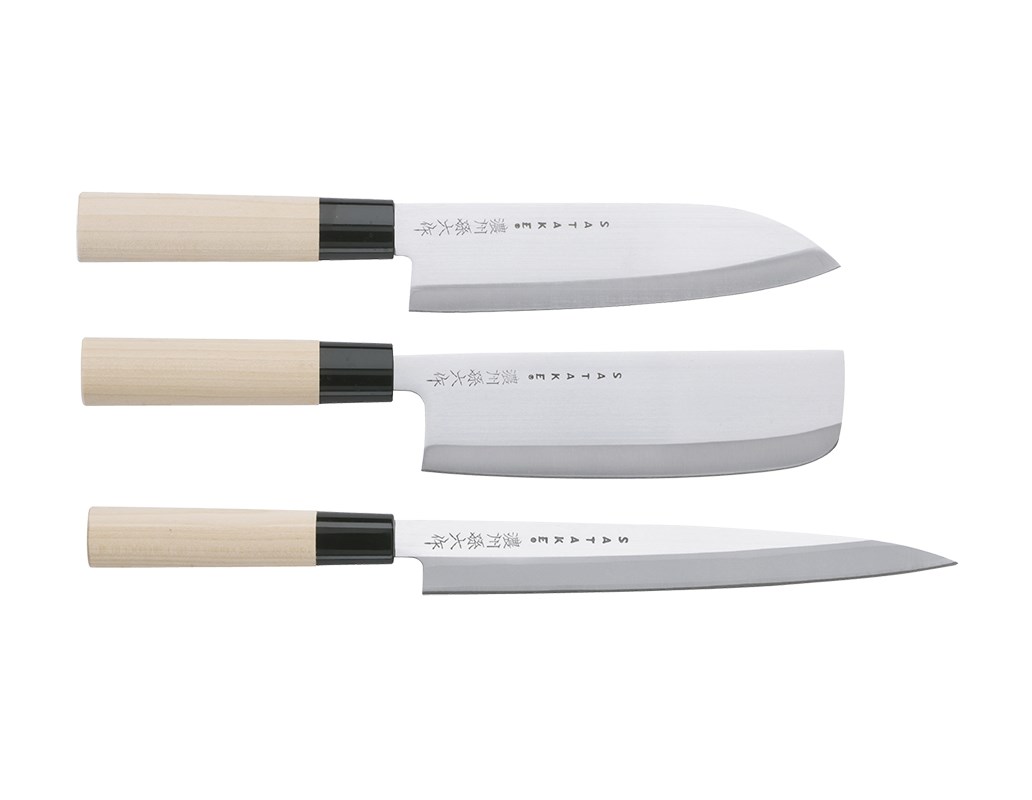 Satake Houcho med nakiri, sashimi & santoku i balsabox