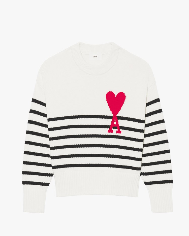 AMI Paris Striped Ami De Coeur Crewneck Sweater White/Black