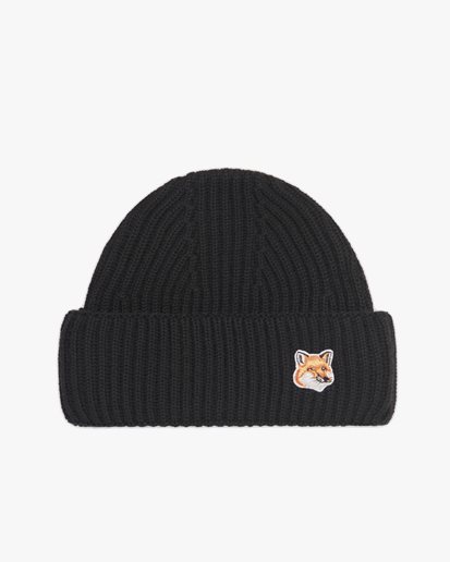 Maison Kitsuné Fox Head Patch Ribbed Hat Black