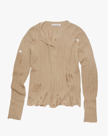 Acne Studios Distressed Wooly Rib Polo Shirt Camel Brown