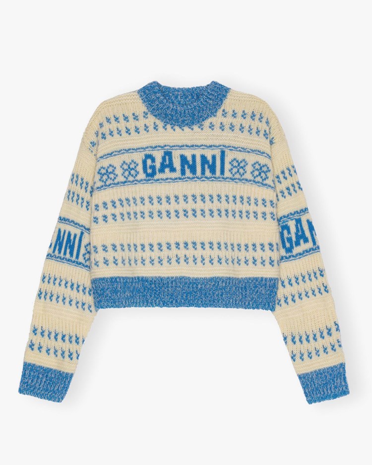 Ganni Graphic Lambswool Cropped O-Neck Strong Blue
