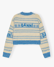 Ganni Graphic Lambswool Cropped O-Neck Strong Blue