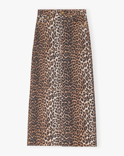 Ganni Print Denim Maxi Slit Skirt Leopard