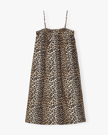Ganni Printed Cotton Midi Strap Dress Leopard