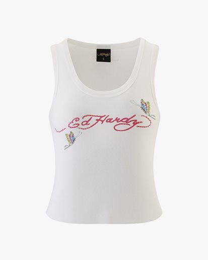Ed Hardy Butterfly Party Rhinestone Cropped Vest White