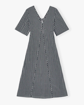 Ganni Seersucker Check V-Neck Dress Egret