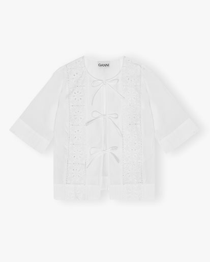 Ganni Broderie Anglaise Tie Blouse Bright White