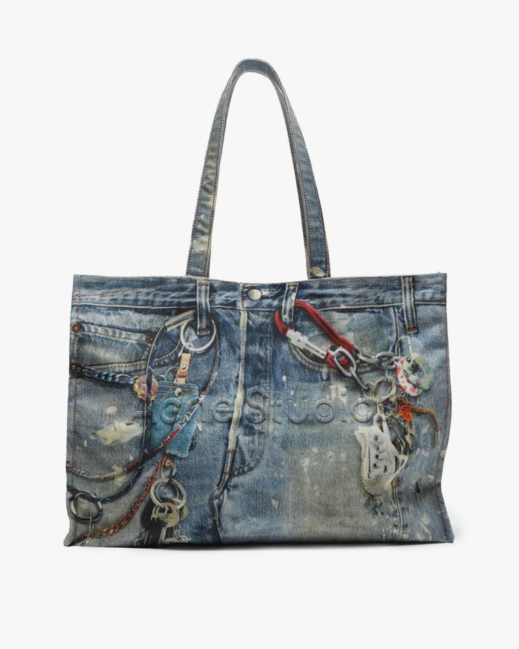 Acne Studios Printed Denim Logo Tote Mid Blue