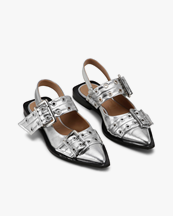 Ganni Chunky Buckle Ballerina Silver Metallic