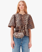 Ganni Cotton Poplin Peplum Blouse Leopard