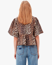 Ganni Cotton Poplin Peplum Blouse Leopard