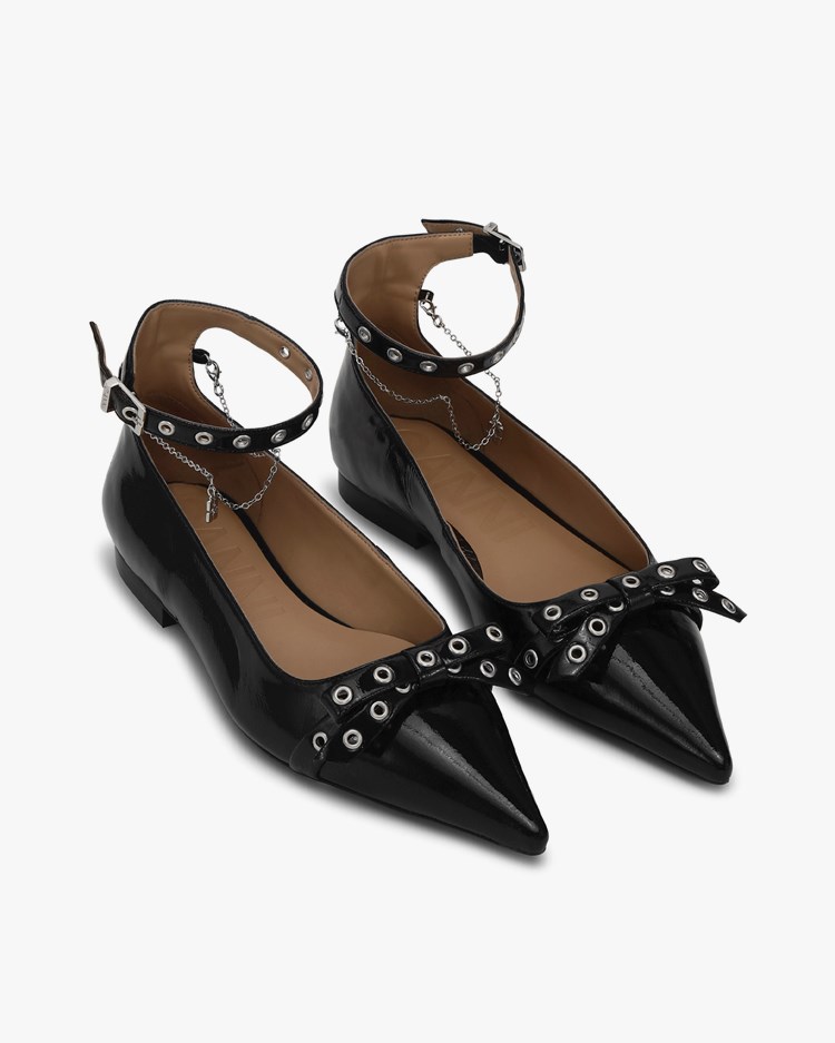 【GANNI】 EYELETS JEWEL BALLERINA BLACK Eyelets Jewel faux leather ballet flats in black - Ganni