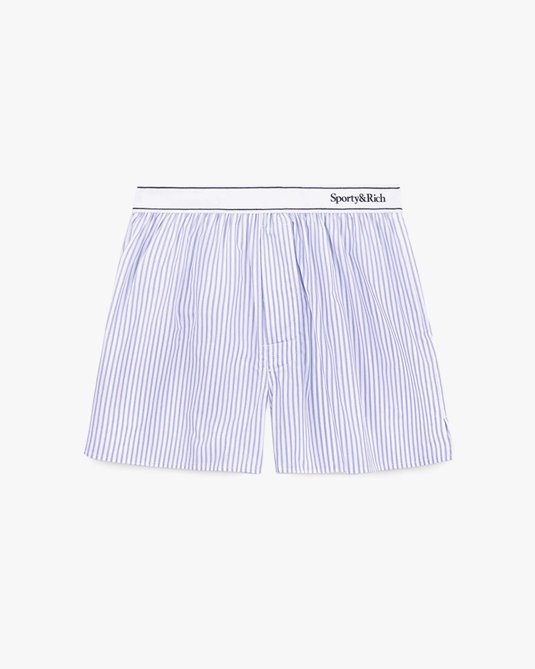 Sporty & Rich Serif Logo Boxer Shorts White Blue Stripe Dot