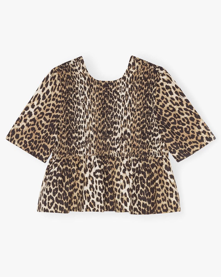 Ganni Open Back Smock Blouse Leopard