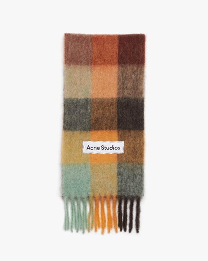 Acne Studios Mohair Checked Scarf Chestnut Brown/Yellow/Green