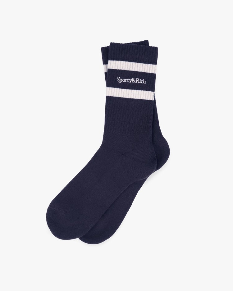 Sporty & Rich Serif Logo Striped Socks Navy