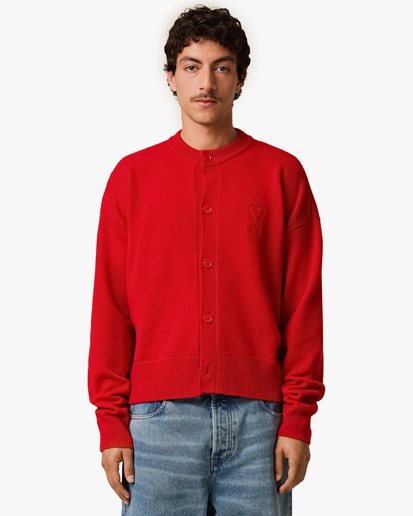 AMI Paris Tonal Ami De Coeur Crewneck Cardigan Poppy Red