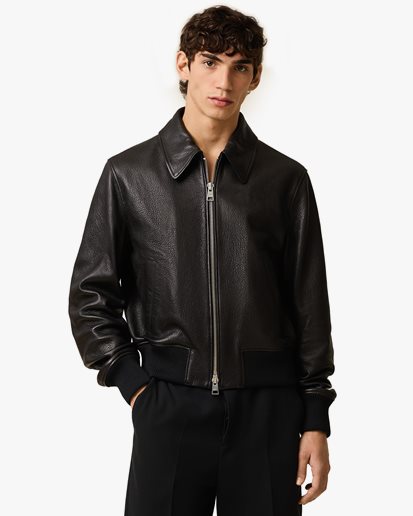 AMI Paris Zipped Leather Jacket Wool Gabardine Black