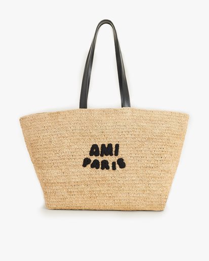 AMI Paris Embroidered Logo Raffia Tote Bag Natural