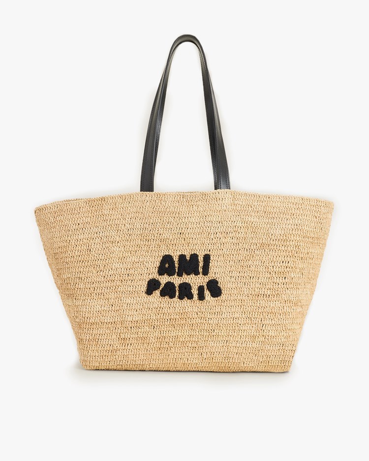 AMI Paris Embroidered Logo Raffia Tote Bag Natural