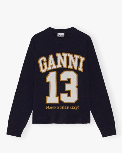 Ganni Graphic Wool Mix Baseball Crewneck Sky Captain