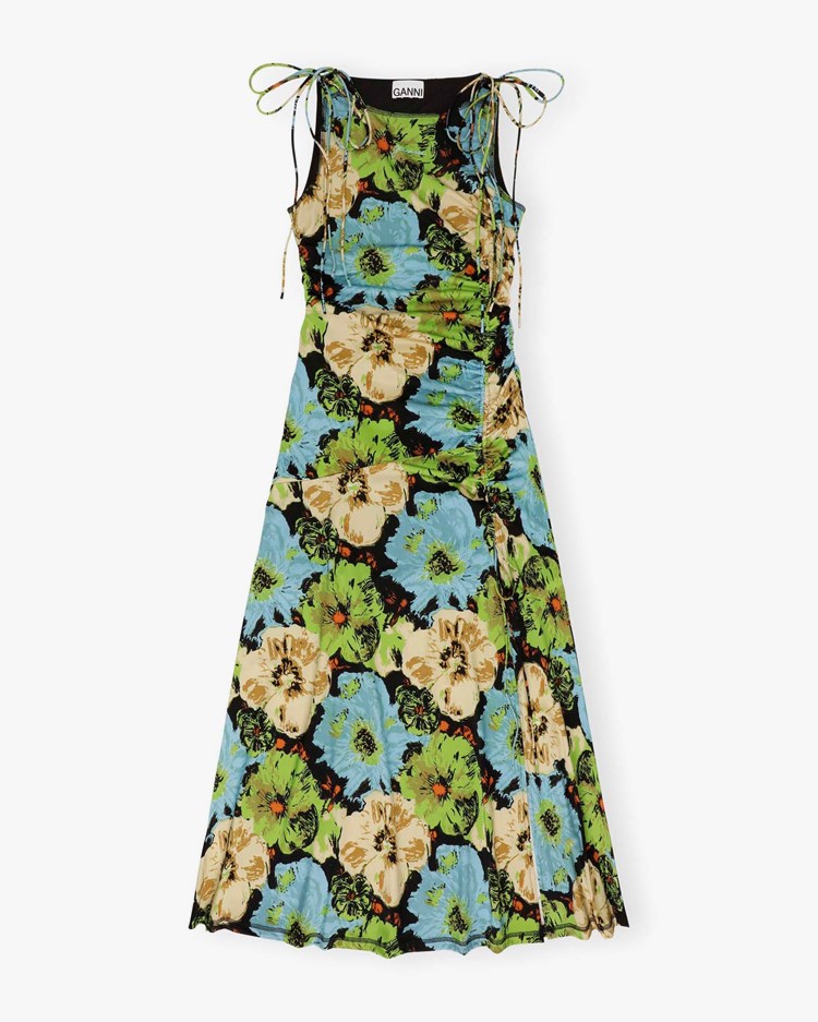 Ganni Printed Gathered Long Dress Multicolor