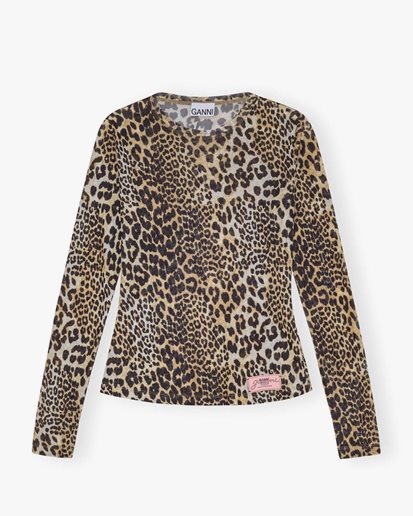 Ganni Printed Marl Mesh Long Sleeve Top Leopard