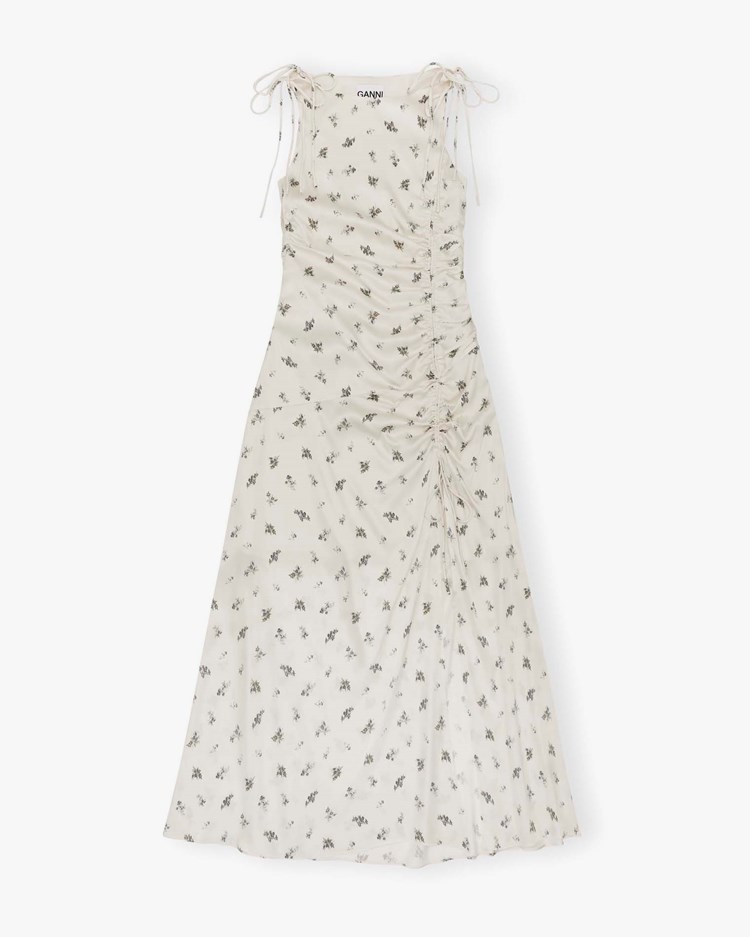 Ganni Printed Satin Gathered Long Dress Egret