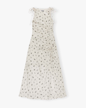 Ganni Printed Satin Gathered Long Dress Egret