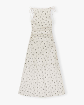 Ganni Printed Satin Gathered Long Dress Egret