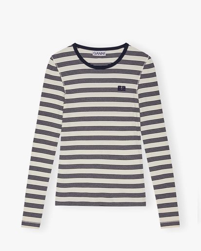Ganni Striped Rib Long Sleeve T-Shirt Sky Captain