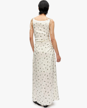 Ganni Printed Satin Gathered Long Dress Egret
