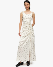 Ganni Printed Satin Gathered Long Dress Egret