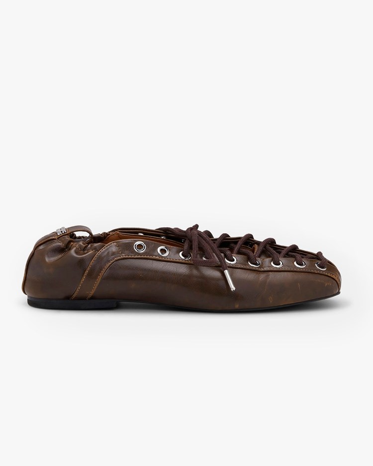 Ganni Eyelets Lace Up Ballerina Oleatex Dark Olive